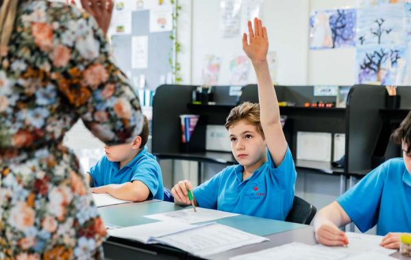 A student raising their hand in class to ask a question.